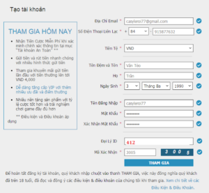 Form đăng kí tài khoản W88